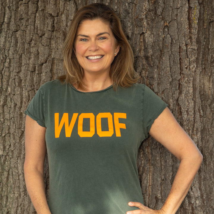 Neon Orange Woof Women's Fitted T-Shirt