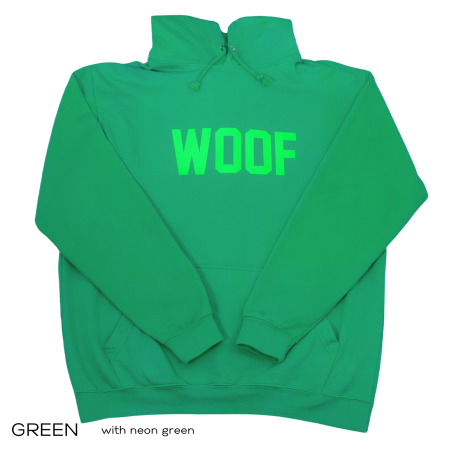 Men's Slogan Hoodie Sweater Green WOOF | UK Dog Lover Clothing 